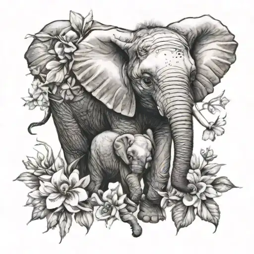 Baby Elephant Surrounded By Flowers Intertwined