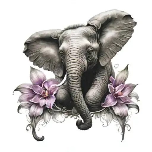 Baby Elephant Surrounded By Orchid Flowers Surrounding