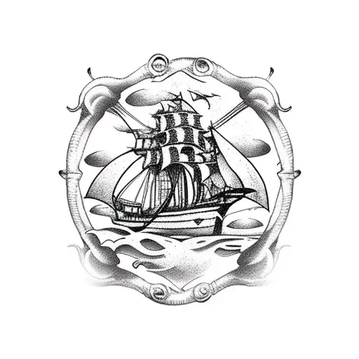 Pirate Ship With Jolly Roger View From Back Of The Ship