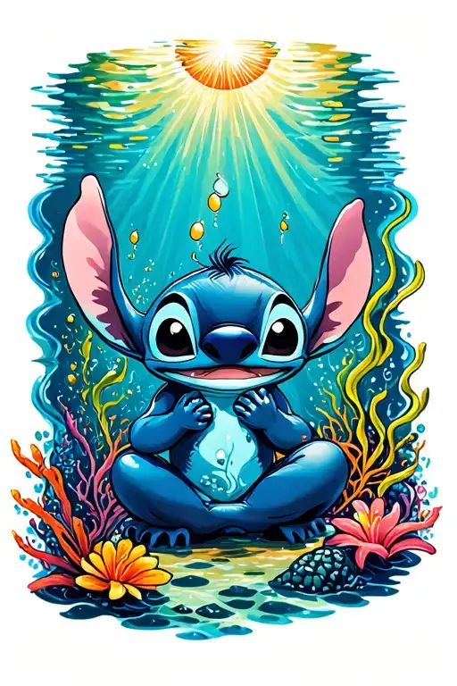 Stitch Mediating Underwater Scene With Colorful Majestic Background