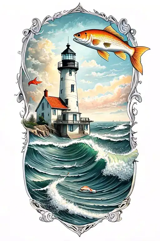 Ocean With Light House And Salt Water Fish