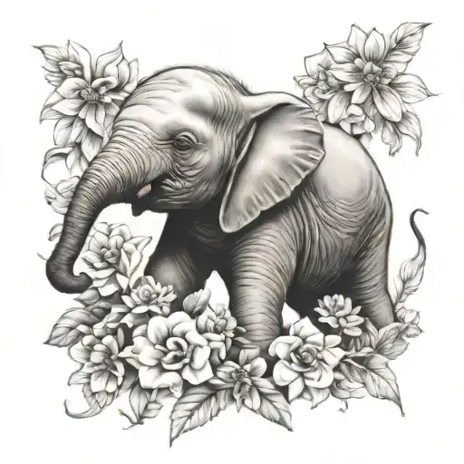 Baby Elephant Surrounded By Flowers