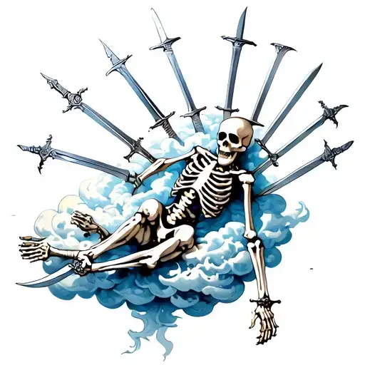 The Skeleton Is Lying On A Cloud And He Has 10 Swords In His Back