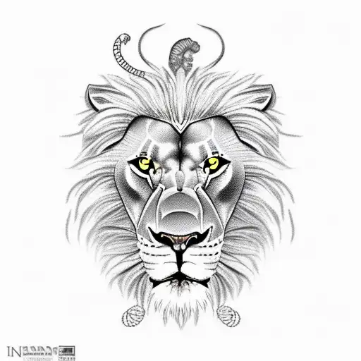 Lion With A Scorpion Near Its Ear And Fish In A Bowl Around Its Neck