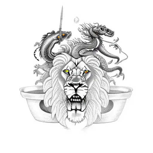 Lion With A Scorpion On Its Back And Fish In A Bowl Around Its Neck