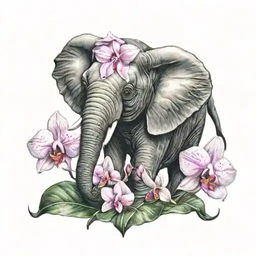 Baby Elephant Surrounded By Orchids