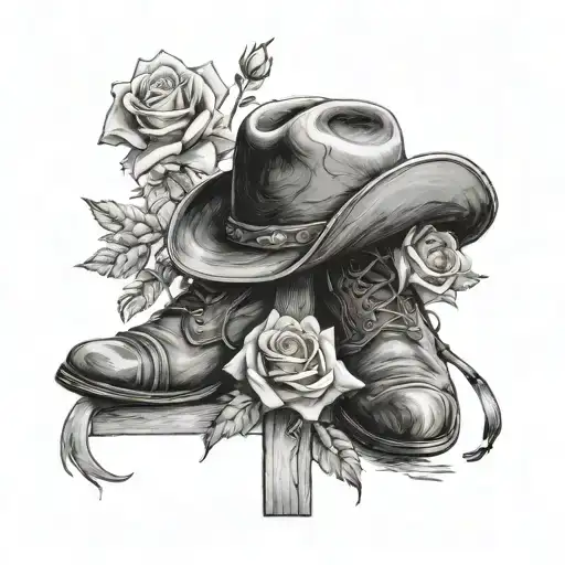 Roses And Cowboy Hat And Boots Resting On A Cross