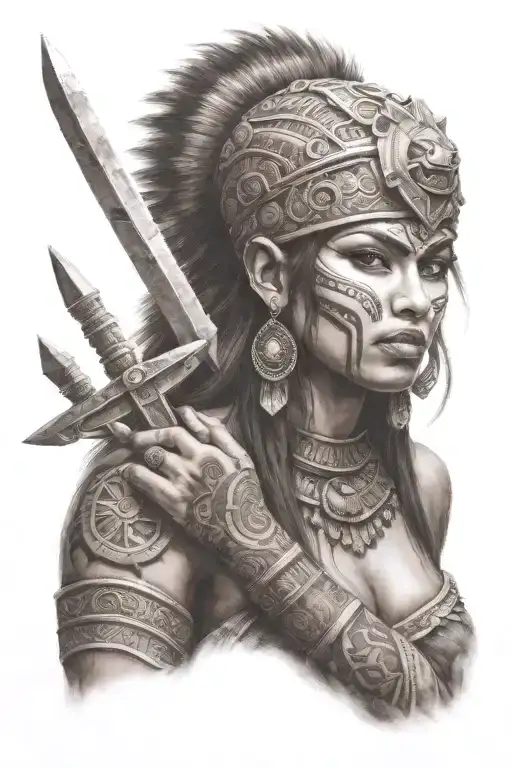 Aztec Goddess With Brown Eyes Holding A Dagger In Her Hand And The Berserker Symbol On Her Cheek