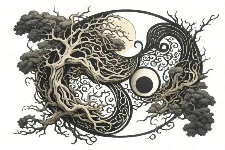 Ying & Yang Symbol Incorporating Tribal And Roots Reaching Deep