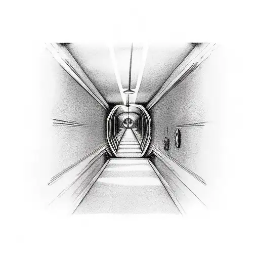 A Hallway Going Down With A Man Walking Down It With Heaven And Hell Surrounding The Hallway