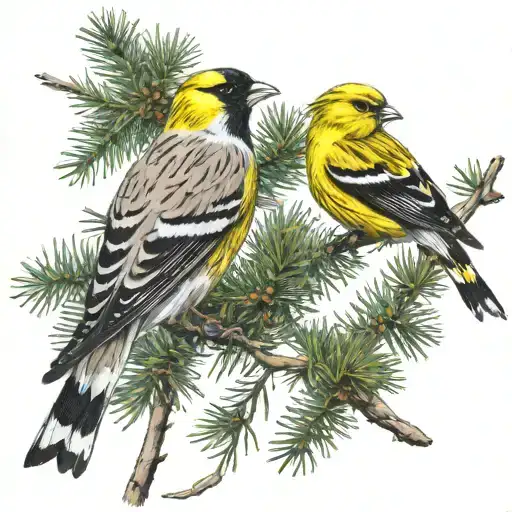 Male Willow Ptarmigan And Female American Goldfinch Perched On Evergreen Tree Branch