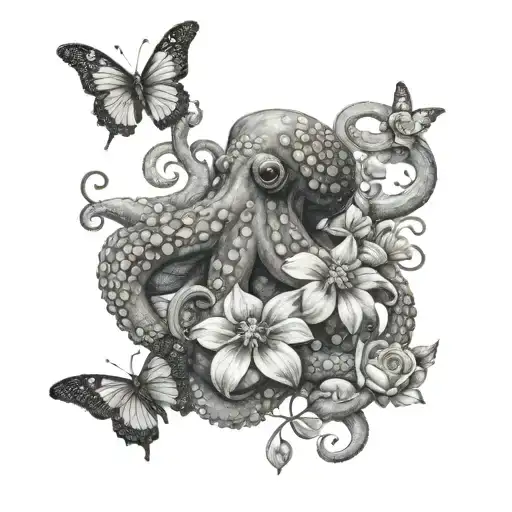 Octopus Holding Flowers And Butterflies Flying
