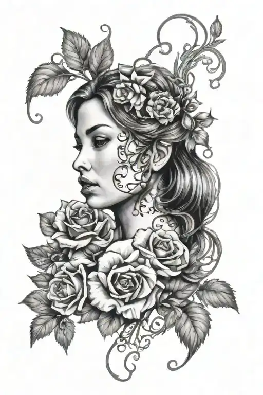 Flowers And Vines And Female Face