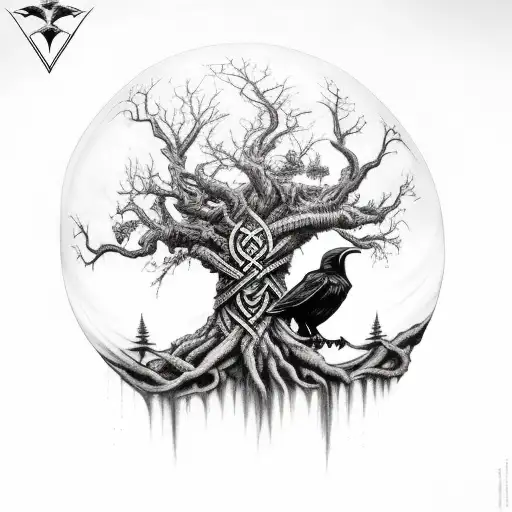 Odin In Front Of Yggdrasil With Trees And Ravens