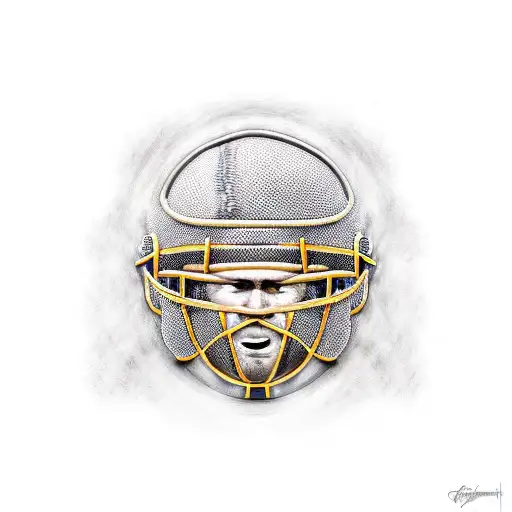 A Realistic Portrait Of A Baseball Player Wearing A Golden Knight Helmet