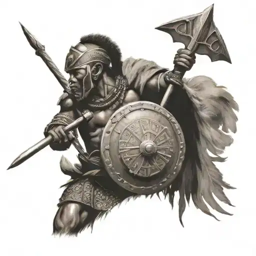 African Warrior Holding A Shield And Spear