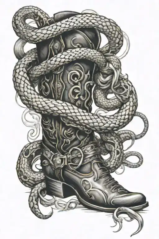Cowboy Boot Intertwined With A Snake Poised To Strike