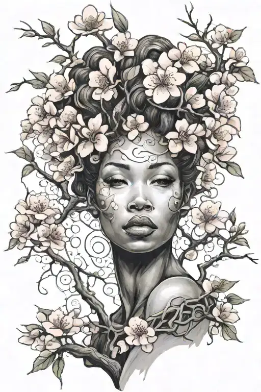 Black Woman Mother Earth Sprouting A Cherry Blossom Tree As The Hair