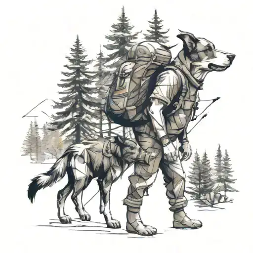 A Geometric Representation Of A Backpacker Exploring A Dense Forest With A Dog Leading The Way