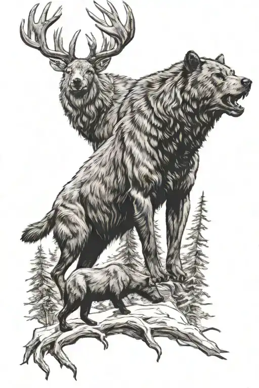 A Dire Wolf With A Kodiak Bear Over An Elk