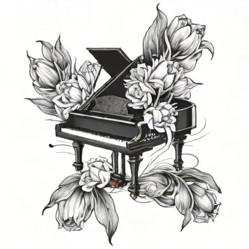 Black And White Piano In The Center Of A Field Of Tulips