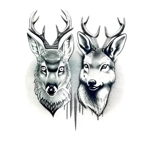 Deer And Wolf With Woods As The Background