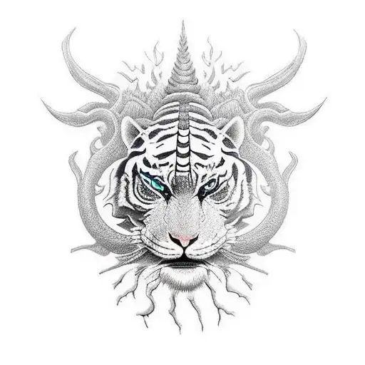 Samurai Com Mascara De Asura E Um Tigre Descendo Uma Arvores