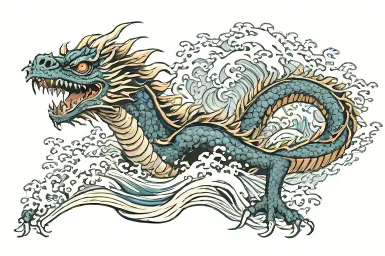 Fire Dragon With White Eyes Flying Over Wave Of Kanagawa