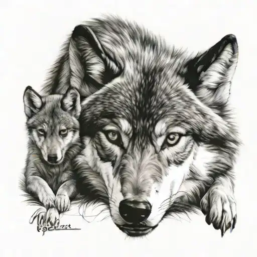 Wolf Protectin His Two Cubs