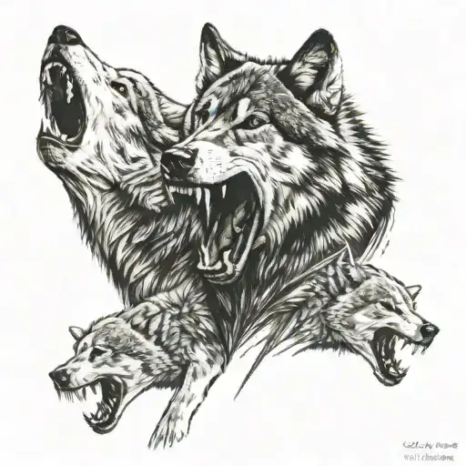 Wolf Showing Teeth Protectin His Two Cubs