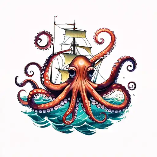 Octopus And Ship Scene Featuring Sea Life