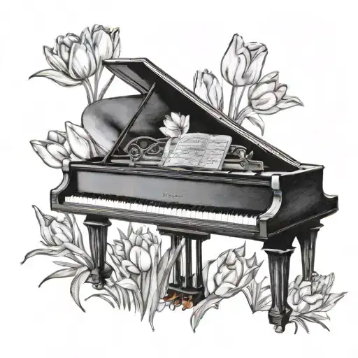 Black And White Piano In The Center Of A Tulip Field