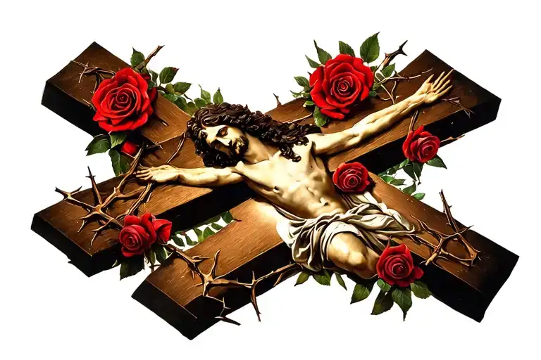 Jesus Cross Surrounded By Roses And Thorns
