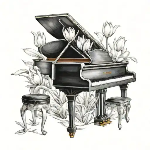 Black And White Piano In The Middle Of A Tulip Field