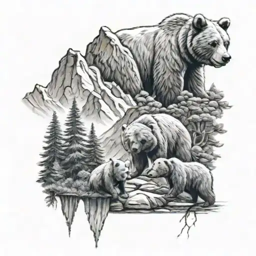 1 Father Bear And 3 Baby Bears Mountains And Nature