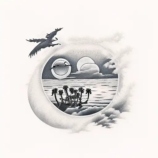 Rising Sun With Island And Palm Trees And Beautfiul Animals During Summer Season