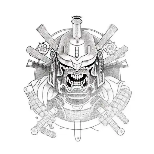 Japanese Tattoo With Samurai In Cyberpunk Style