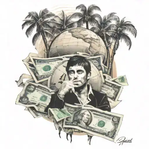 Scarface With The Globe Of The World Is Yours In The Back With Some Palm Trees And Banknotes