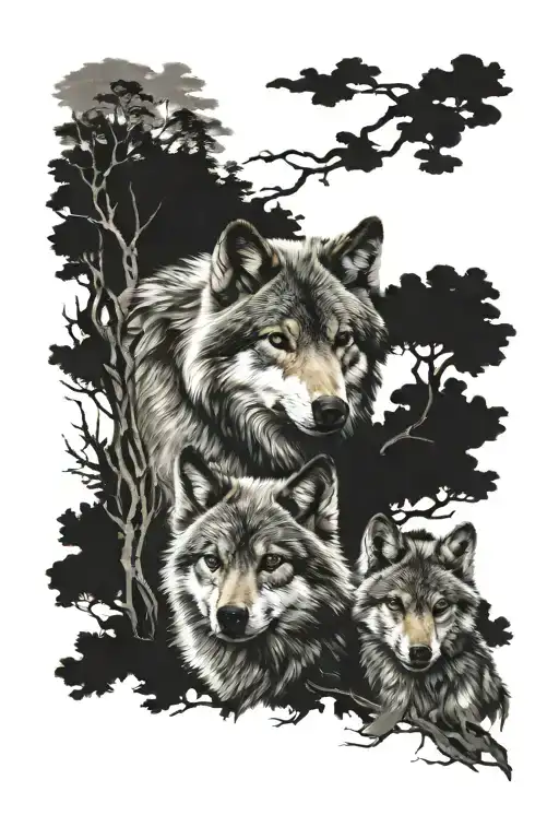 Family Wolf 2 Cubs