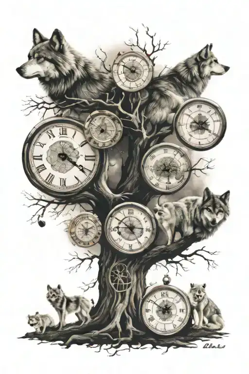 Family Tree With 3 Clocks And A Wolf Howling Into Space With The Satrs And Moon Also A Aum Symbol