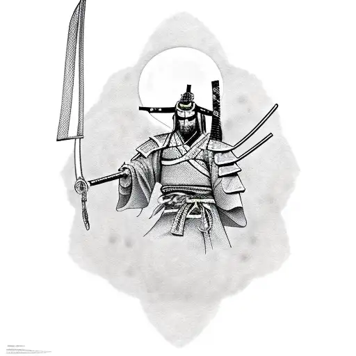 Samurai With A Katana In His Hands Against The Backdrop Of The Red Moon