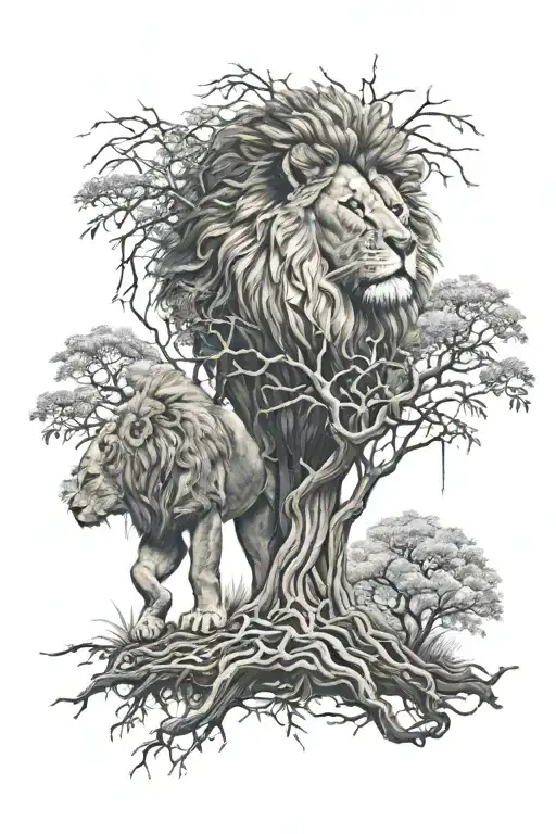 African Tree With A Lion Wearing A Crown