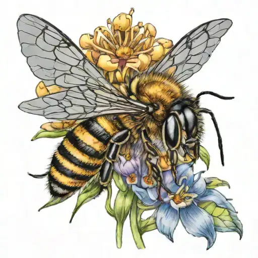 A Realistic Bee Resting On A Colorful Flower With A Background Of Beetles Crawling