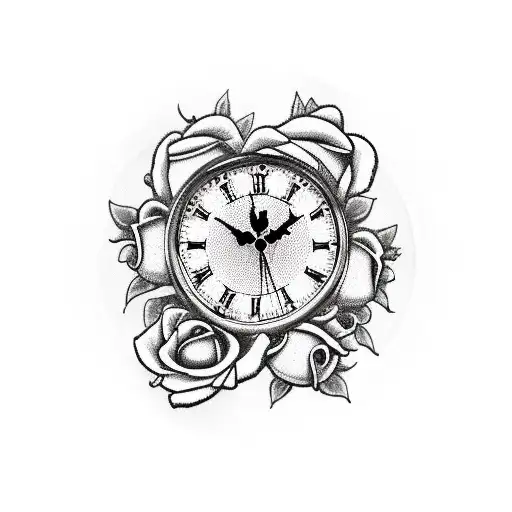 Clock With Roses And Skulls And Cyber