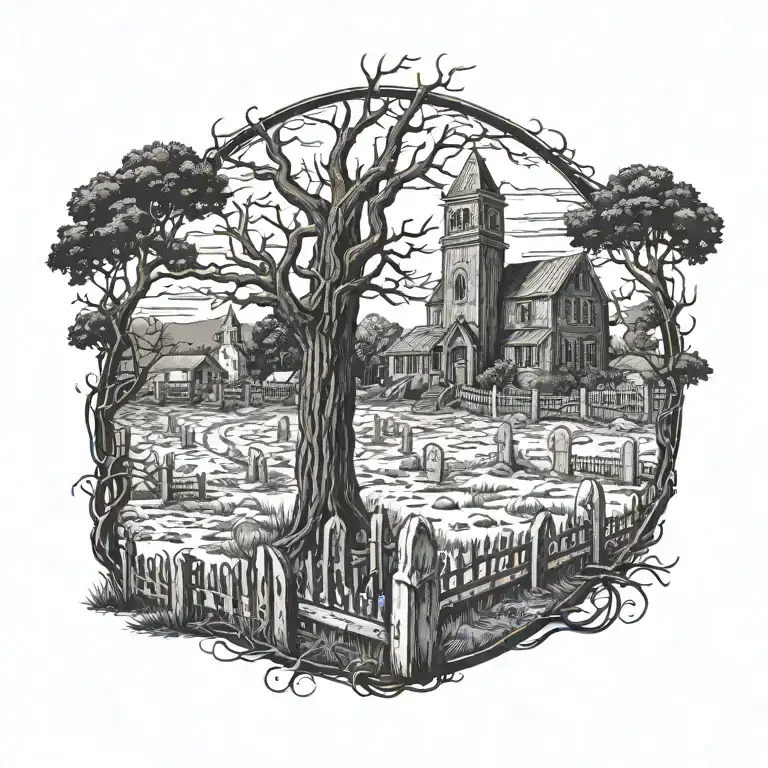 Grave Yard Scene With Fence Tree And Old Church