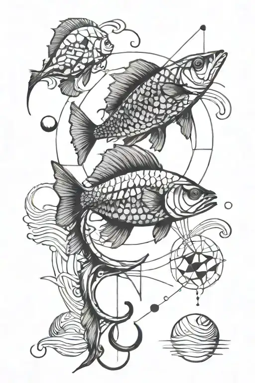 Fishes And Fish Hook And Geometric Sun Beam