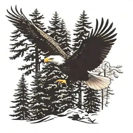 The Silhouette Of A Eagle Flying Over The Tops Of A Fir Forest