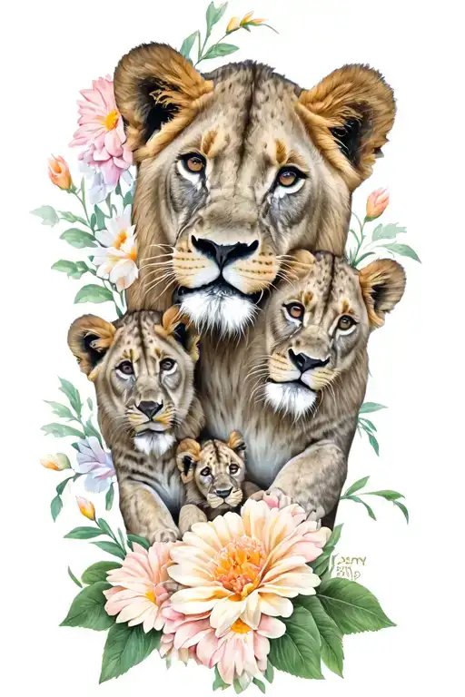 Lioness 5 Lion Cubs Flowers