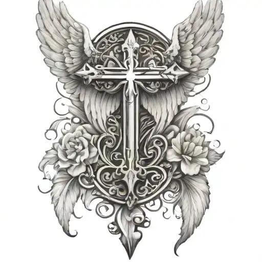 Cross With Angel Wings And Halo Made
