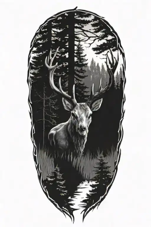 Deer Skull Surrounded By Trees And Rifle